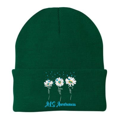 Peace Love Cure ALS Awareness Costume Daisy Ribbon Knit Cap Winter Beanie