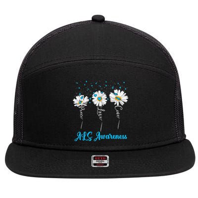 Peace Love Cure ALS Awareness Costume Daisy Ribbon 7 Panel Mesh Trucker Snapback Hat