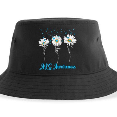 Peace Love Cure ALS Awareness Costume Daisy Ribbon Sustainable Bucket Hat