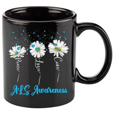 Peace Love Cure ALS Awareness Costume Daisy Ribbon 11oz C Handle Ceramic Mug