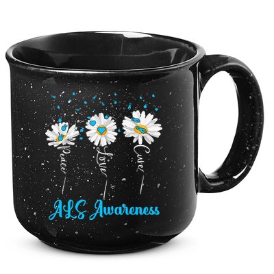 Peace Love Cure ALS Awareness Costume Daisy Ribbon 15oz Campfire Ceramic Mug