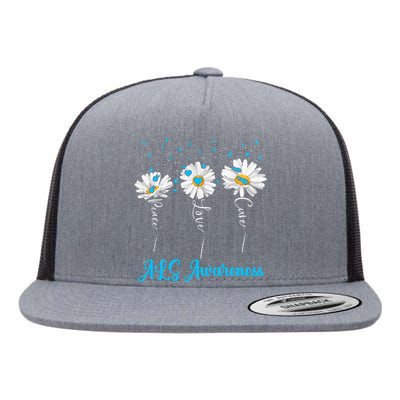 Peace Love Cure ALS Awareness Costume Daisy Ribbon Flat Bill Trucker Hat