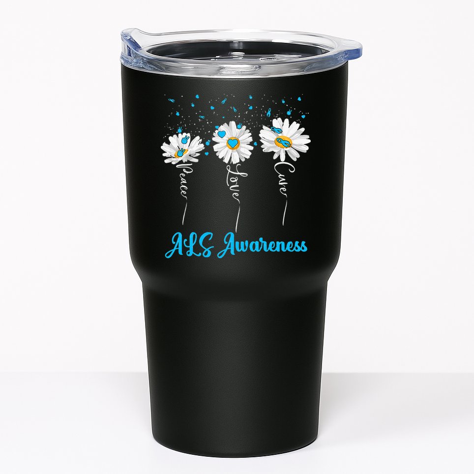 Peace Love Cure ALS Awareness Costume Daisy Ribbon Tumbler