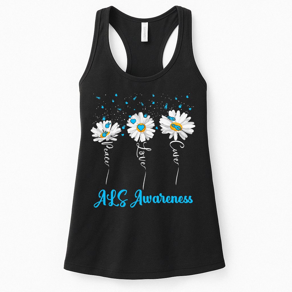 Peace Love Cure ALS Awareness Costume Daisy Ribbon Womens Tank Top