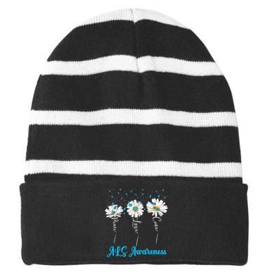 Peace Love Cure ALS Awareness Costume Daisy Ribbon Striped Beanie with Solid Band