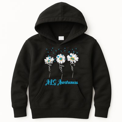 Peace Love Cure ALS Awareness Costume Daisy Ribbon Kids Hoodie