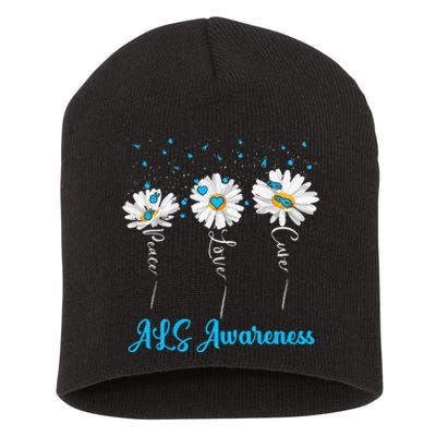 Peace Love Cure ALS Awareness Costume Daisy Ribbon Short Acrylic Beanie