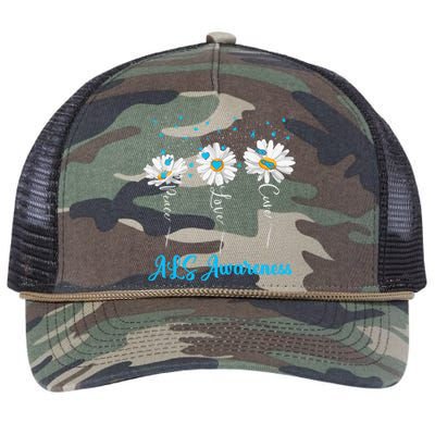 Peace Love Cure ALS Awareness Costume Daisy Ribbon Retro Rope Trucker Hat Cap