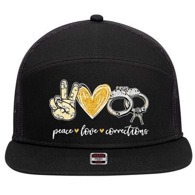 Peace Love Corrections Handcuff Funny Police Officer Gifts 7 Panel Mesh Trucker Snapback Hat