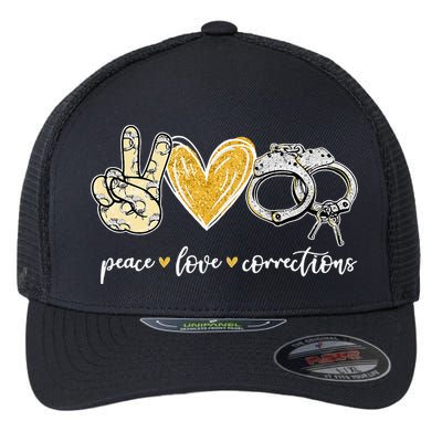Peace Love Corrections Handcuff Funny Police Officer Gifts Flexfit Unipanel Trucker Cap