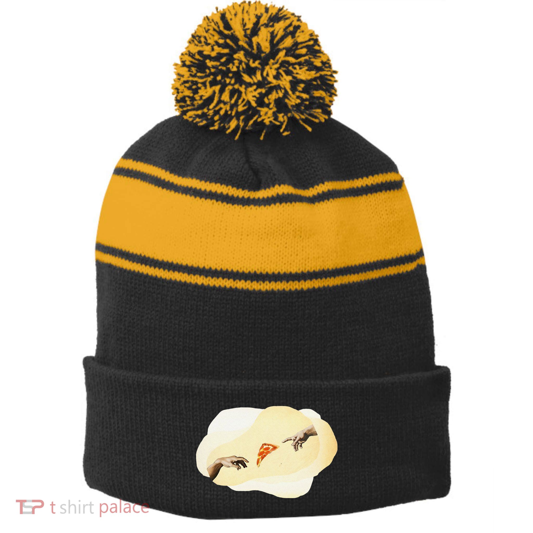 Pizza Lovers Creation Of Adam Party Renaissance Art Stripe Pom Pom Beanie