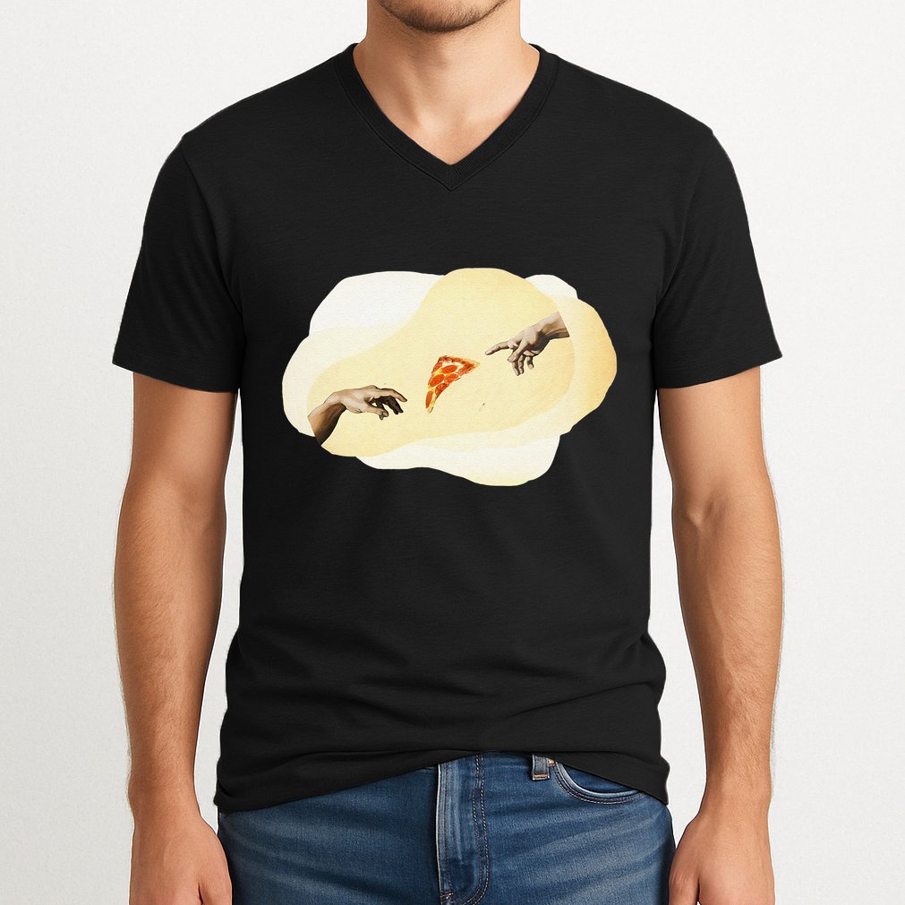Pizza Lovers Creation Of Adam Party Renaissance Art V-Neck T-Shirt