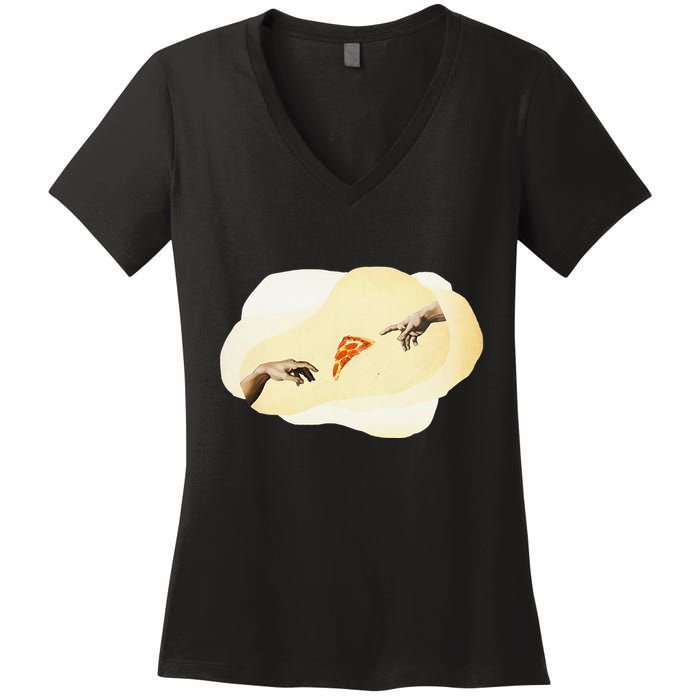 Pizza Lovers Creation Of Adam Party Renaissance Art Women's V-Neck T-Shirt