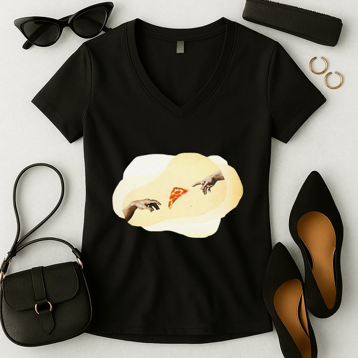 Pizza Lovers Creation Of Adam Party Renaissance Art Women's V-Neck T-Shirt