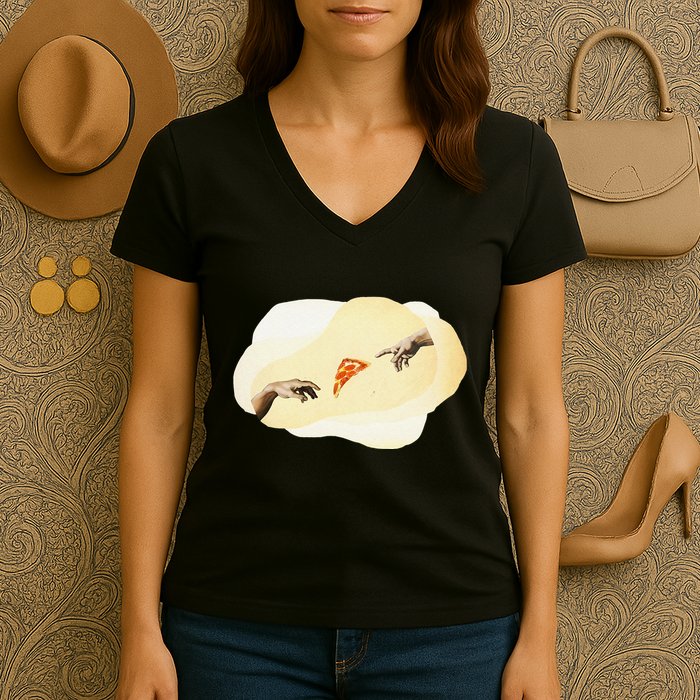 Pizza Lovers Creation Of Adam Party Renaissance Art Women's V-Neck T-Shirt