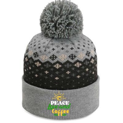 Peace Love & Coffee Motif The Baniff Cuffed Pom Beanie