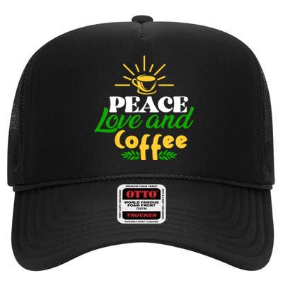 Peace Love & Coffee Motif High Crown Mesh Back Trucker Hat