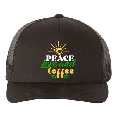 Peace Love & Coffee Motif Yupoong Adult 5-Panel Trucker Hat