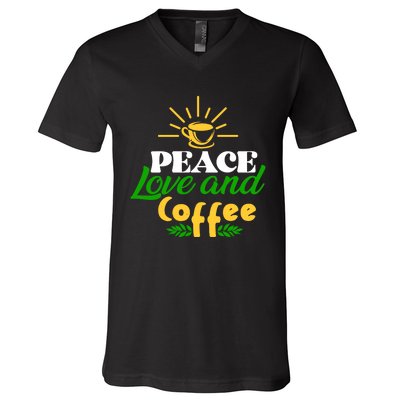 Peace Love & Coffee Motif V-Neck T-Shirt