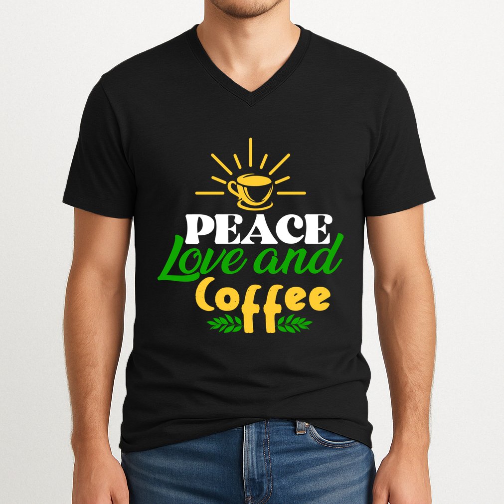 Peace Love & Coffee Motif V-Neck T-Shirt