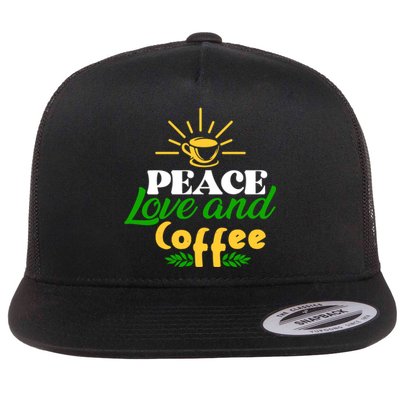 Peace Love & Coffee Motif Flat Bill Trucker Hat