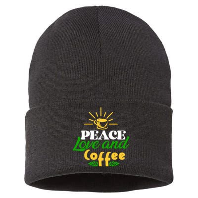 Peace Love & Coffee Motif Sustainable Knit Beanie