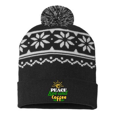 Peace Love & Coffee Motif USA-Made Snowflake Beanie