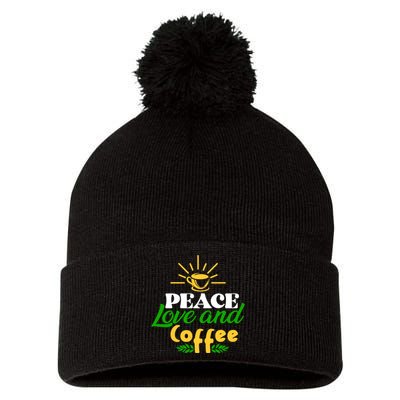 Peace Love & Coffee Motif Pom Pom 12in Knit Beanie