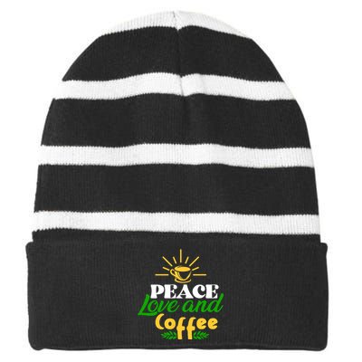 Peace Love & Coffee Motif Striped Beanie with Solid Band