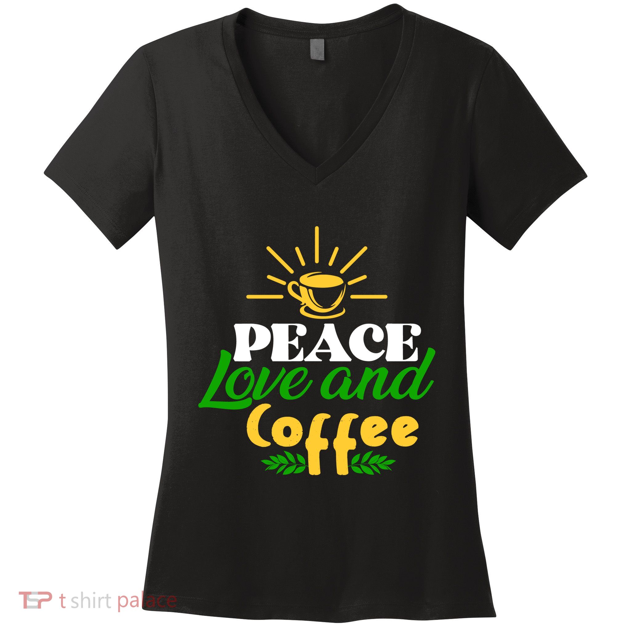 Peace Love & Coffee Motif Women's V-Neck T-Shirt