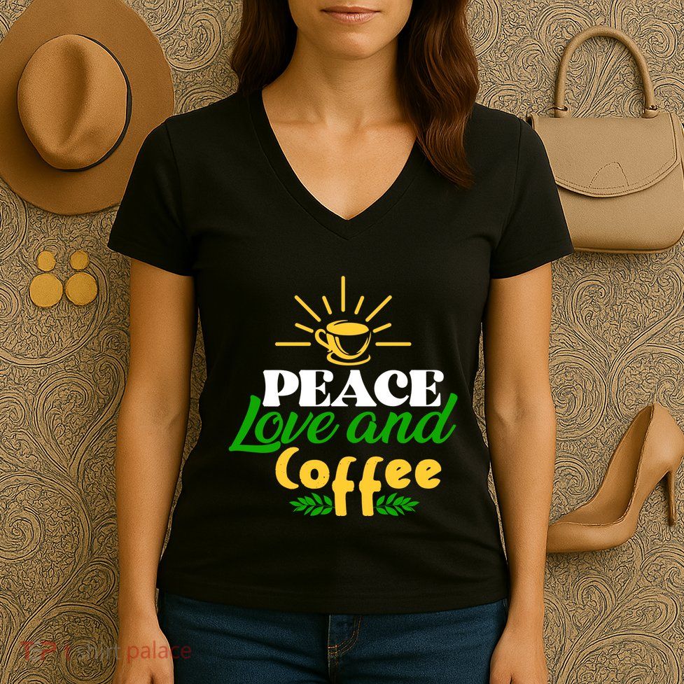 Peace Love & Coffee Motif Women's V-Neck T-Shirt