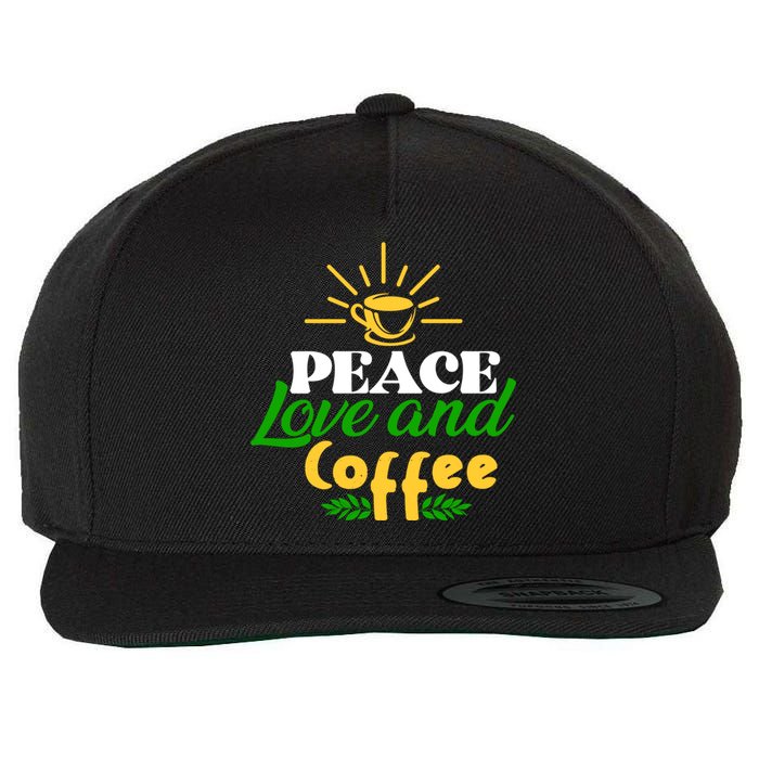 Peace Love & Coffee Motif Wool Snapback Cap