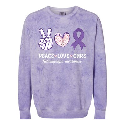 Peace Love Cure Fibromyalgia Awareness Month Warrior Fighter Gift Colorblast Crewneck Sweatshirt