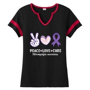 Peace Love Cure Fibromyalgia Awareness Month Warrior Fighter Gift Ladies Halftime Notch Neck Tee