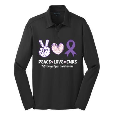 Peace Love Cure Fibromyalgia Awareness Month Warrior Fighter Gift Silk Touch Performance Long Sleeve Polo