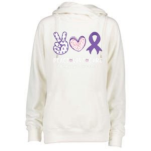 Peace Love Cure Fibromyalgia Awareness Month Warrior Fighter Gift Womens Funnel Neck Pullover Hood