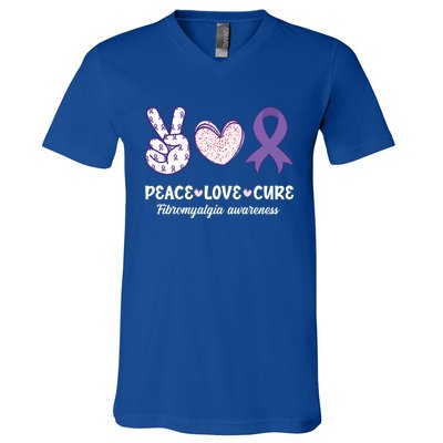 Peace Love Cure Fibromyalgia Awareness Month Warrior Fighter Gift V-Neck T-Shirt