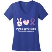 Peace Love Cure Fibromyalgia Awareness Month Warrior Fighter Gift Women's V-Neck T-Shirt