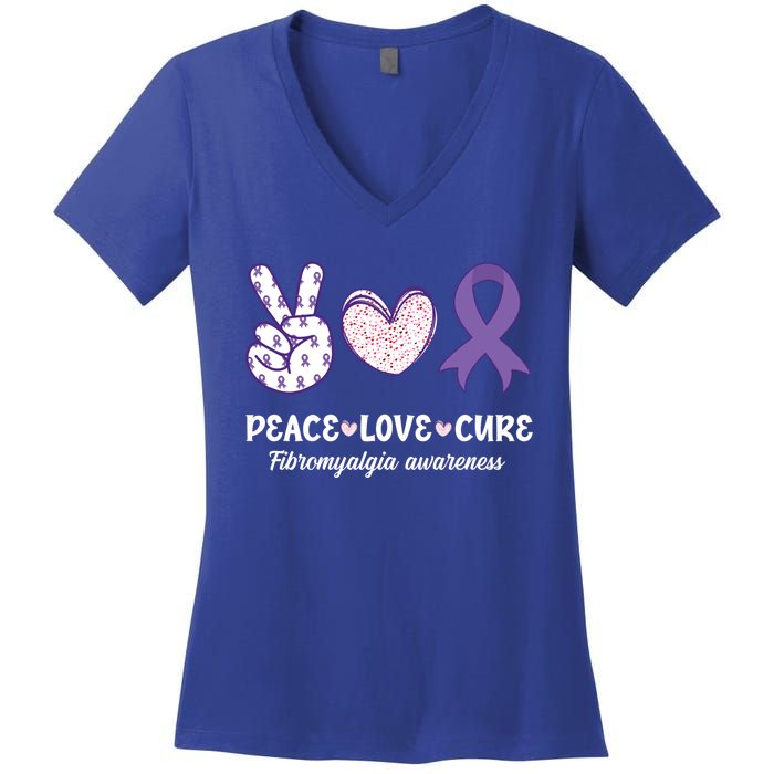 Peace Love Cure Fibromyalgia Awareness Month Warrior Fighter Gift Women's V-Neck T-Shirt