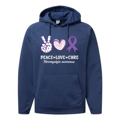 Peace Love Cure Fibromyalgia Awareness Month Warrior Fighter Gift Performance Fleece Hoodie