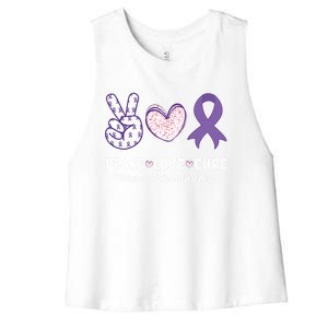 Peace Love Cure Fibromyalgia Awareness Month Warrior Fighter Gift Women's Racerback Cropped Tank