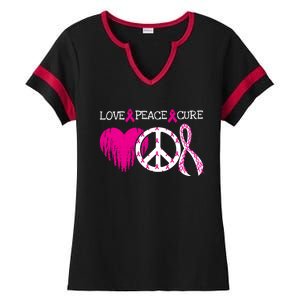 Peace Love Cure Breast Cancer Awareness Metastatic Funny Gift Great Gift Ladies Halftime Notch Neck Tee