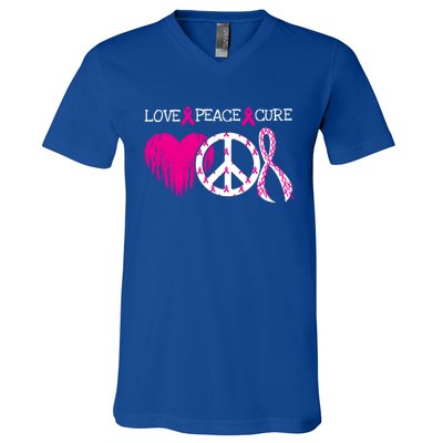 Peace Love Cure Breast Cancer Awareness Metastatic Funny Gift Great Gift V-Neck T-Shirt