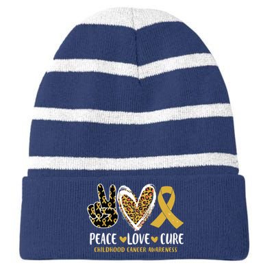 Peace Love Cure Childhood Cancer Awareness Leopart Heart Striped Beanie with Solid Band