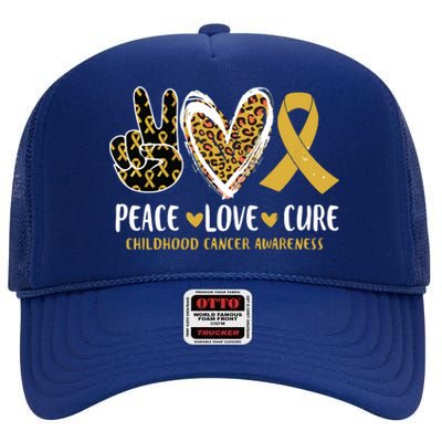 Peace Love Cure Childhood Cancer Awareness Leopart Heart High Crown Mesh Back Trucker Hat