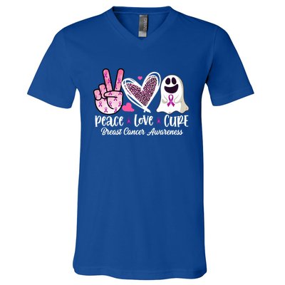 Peace Love Cure Ghost Pink Ribbon Cancer Breast Awareness Great Gift V-Neck T-Shirt