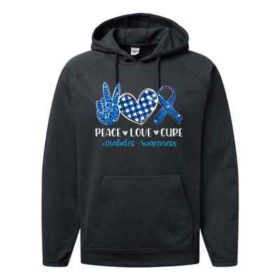 Peace Love Cure Grey Blue Ribbon Diabetes Awareness Performance Fleece Hoodie