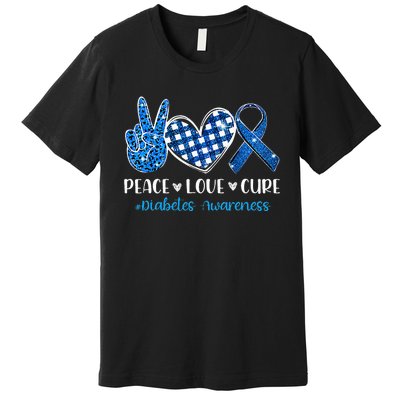 Peace Love Cure Grey Blue Ribbon Diabetes Awareness Premium T-Shirt