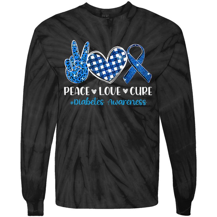 Peace Love Cure Grey Blue Ribbon Diabetes Awareness Tie-Dye Long Sleeve Shirt