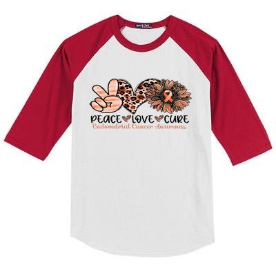 Peace Love Cure Sunflower Peach Ribbon Endometrial Cancer Kids Colorblock Raglan Jersey